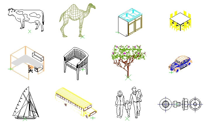 Bloques de BloCAD 2: animales, equipamiento, árboles, vehículos, personas y simbología